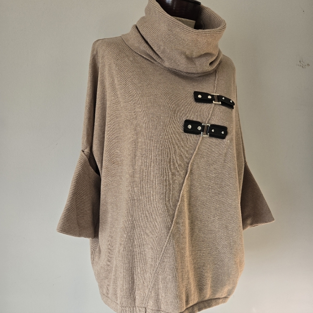 MARBLE Light Tan Cotton Cowl Neck Sweater with Faux Leather Buckles. Size Small - Picture 2 of 10